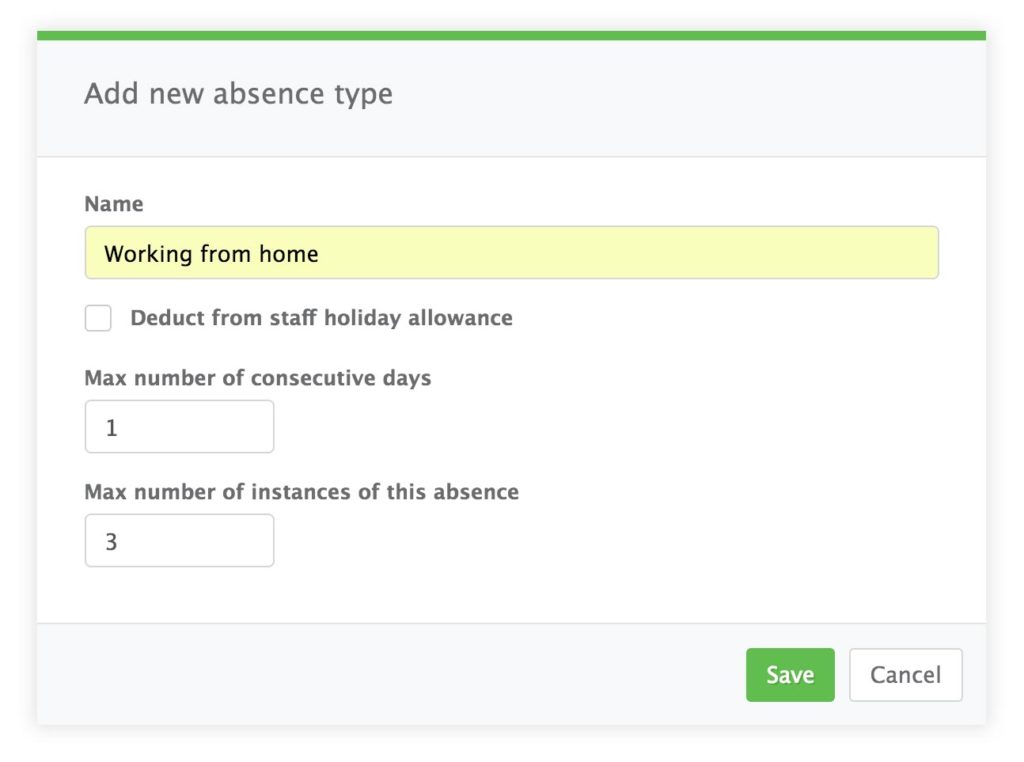 Image showing a screen that enables a user to define new absence types within Staff Squared